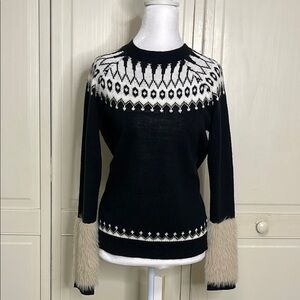 Neiman Marcus Womens Faux Fur Fair Isle Cable-Knit Sweater Black Size Small